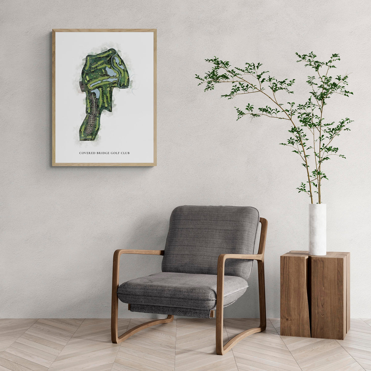 Classic Map of Covered Bridge Golf Club with a comfy armchair and large plant