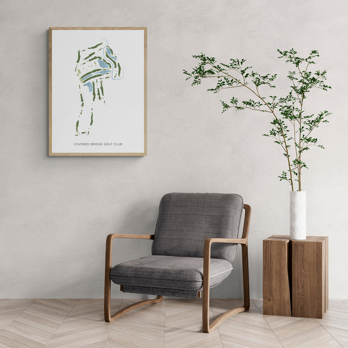 Modern Map of Covered Bridge Golf Club with a comfy armchair and large plant