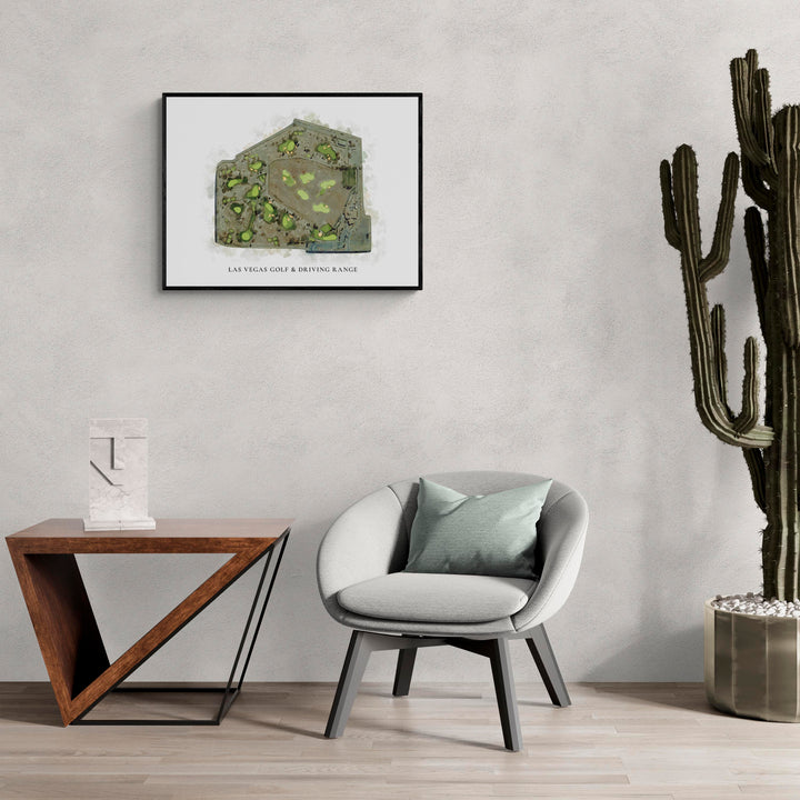 Classic Map of Las Vegas Golf &amp; Driving Range in a living room with large cactus plant