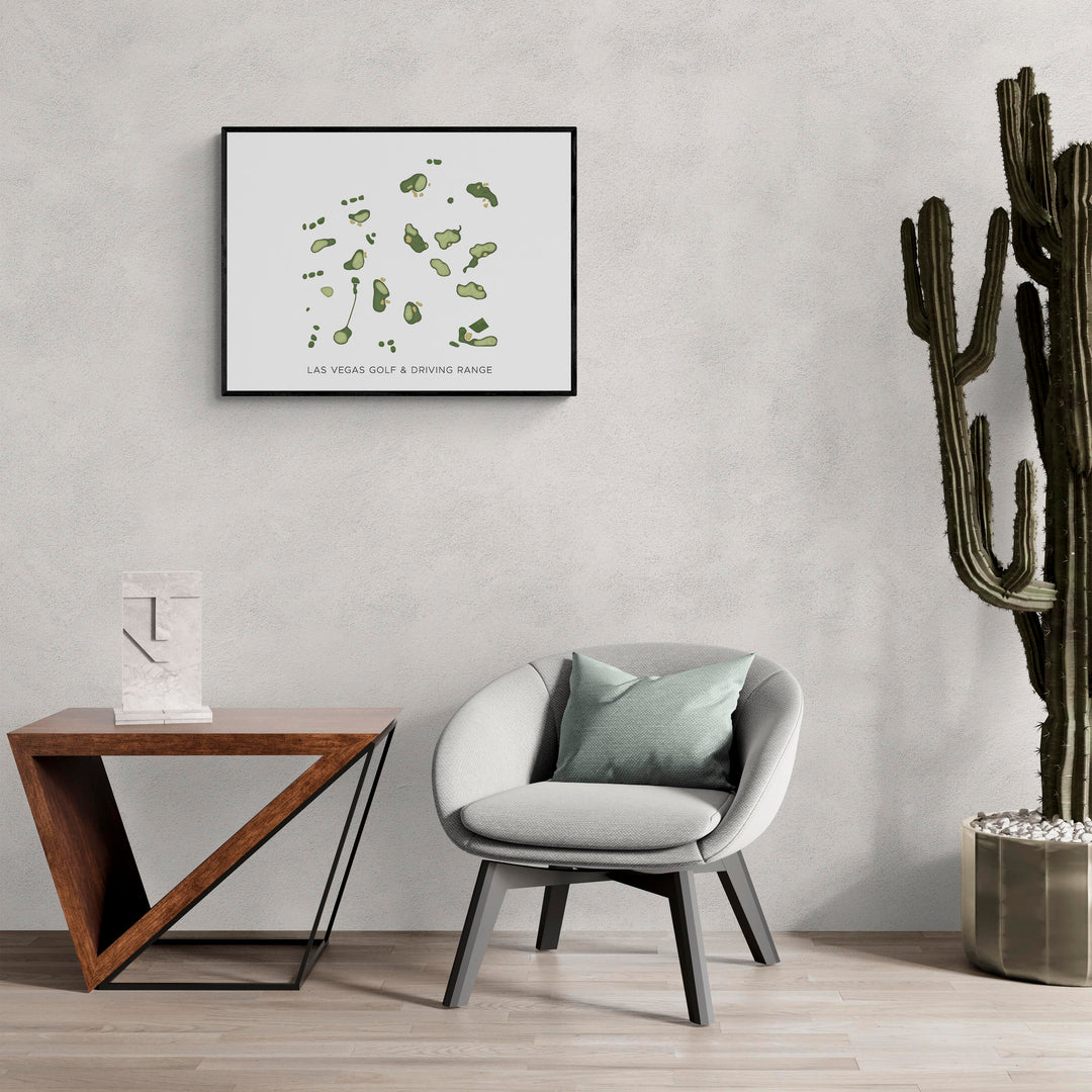 Modern Map of Las Vegas Golf &amp; Driving Range in a living room with large cactus plant