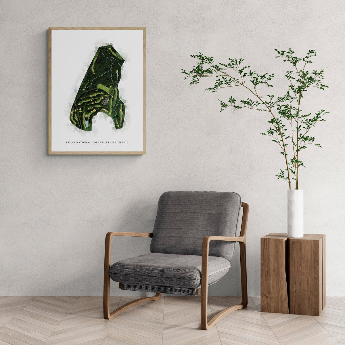 Classic Map of Trump National Golf Club Philadelphia with a comfy armchair and large plant