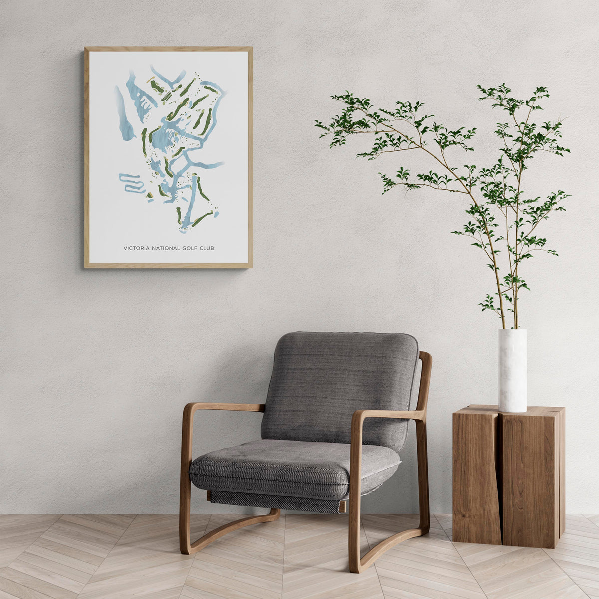 Modern Map of Victoria National Golf Club with a comfy armchair and large plant
