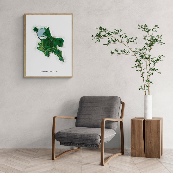 Classic Map of Roaring Gap Club with a comfy armchair and large plant