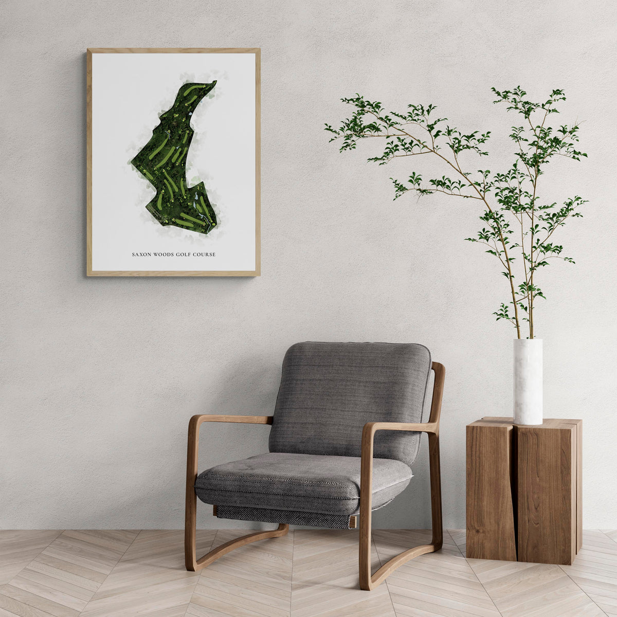 Classic Map of Saxon Woods Golf Course with a comfy armchair and large plant
