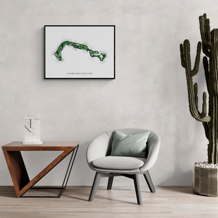 Classic Map of Celebration Golf Club in a living room with large cactus plant