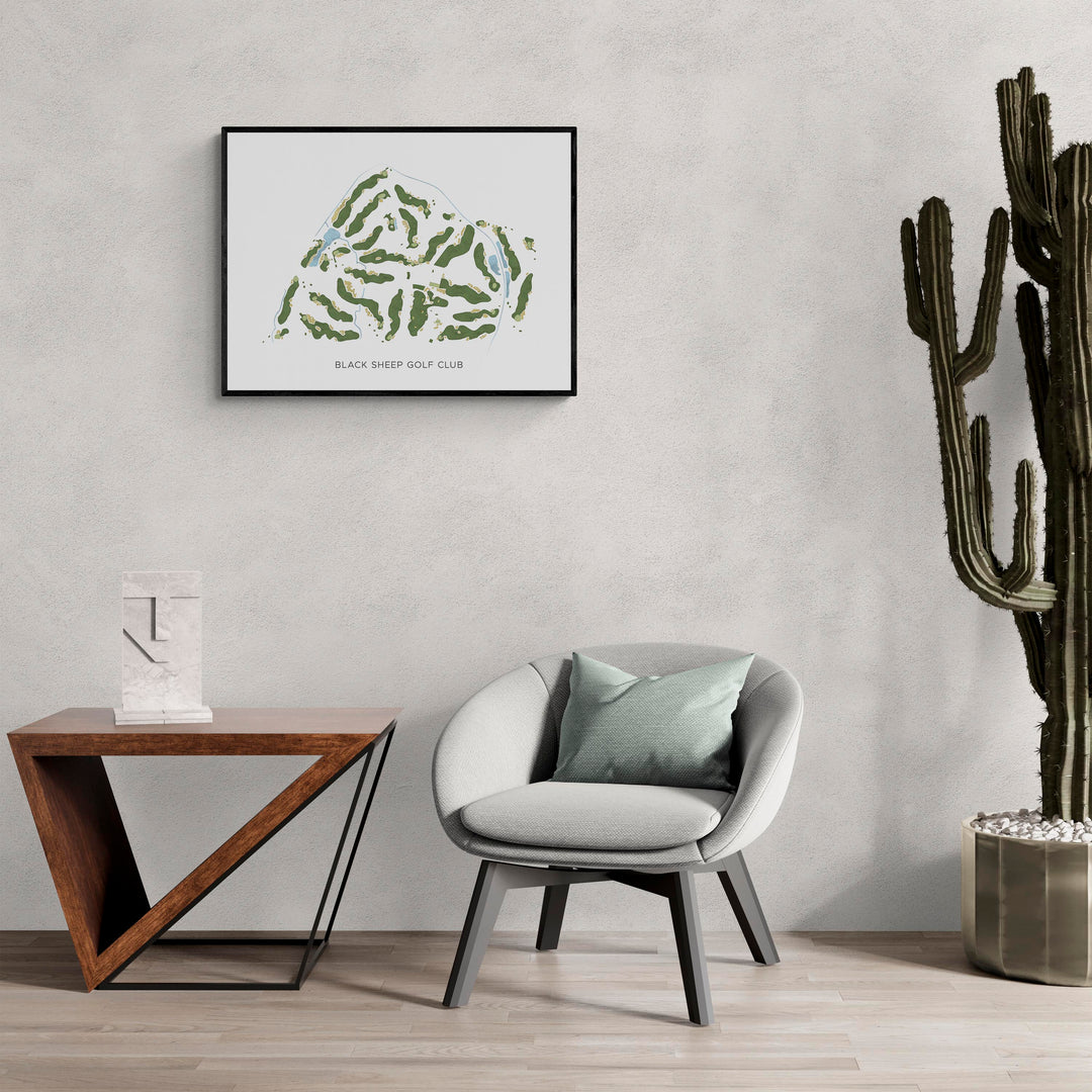 Modern Map of Black Sheep Golf Club in a living room with large cactus plant