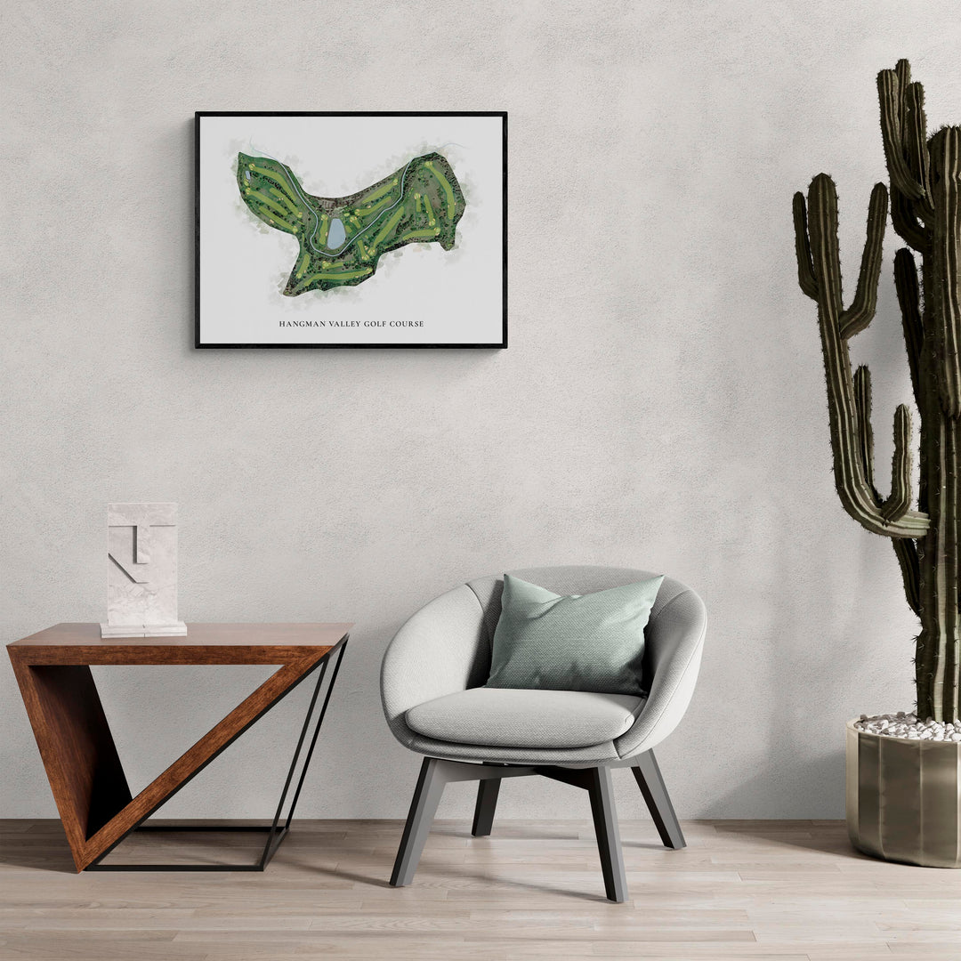 Classic Map of Hangman Valley Golf Course in a living room with large cactus plant