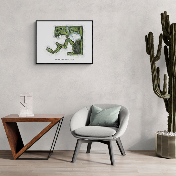 Classic Map of Sandhurst Golf Club in a living room with large cactus plant