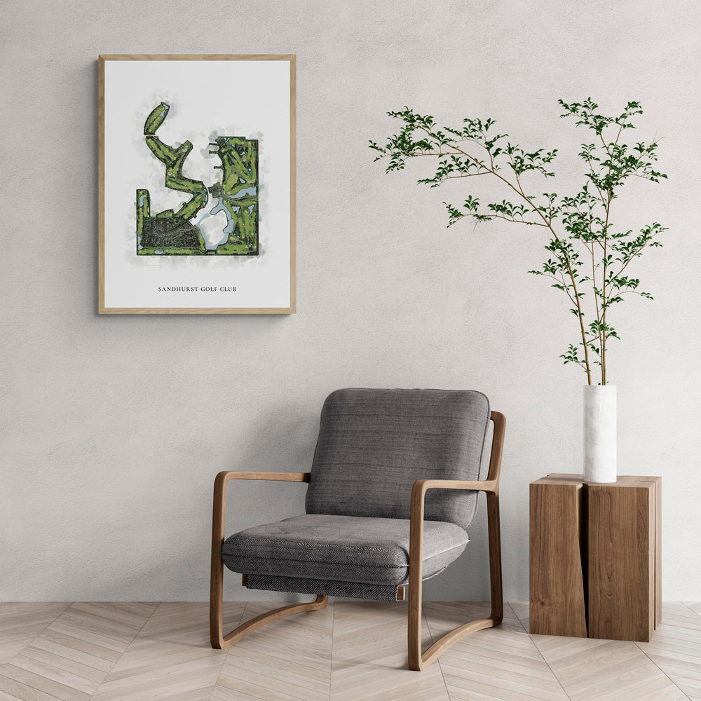 Classic Map of Sandhurst Golf Club with a comfy armchair and large plant