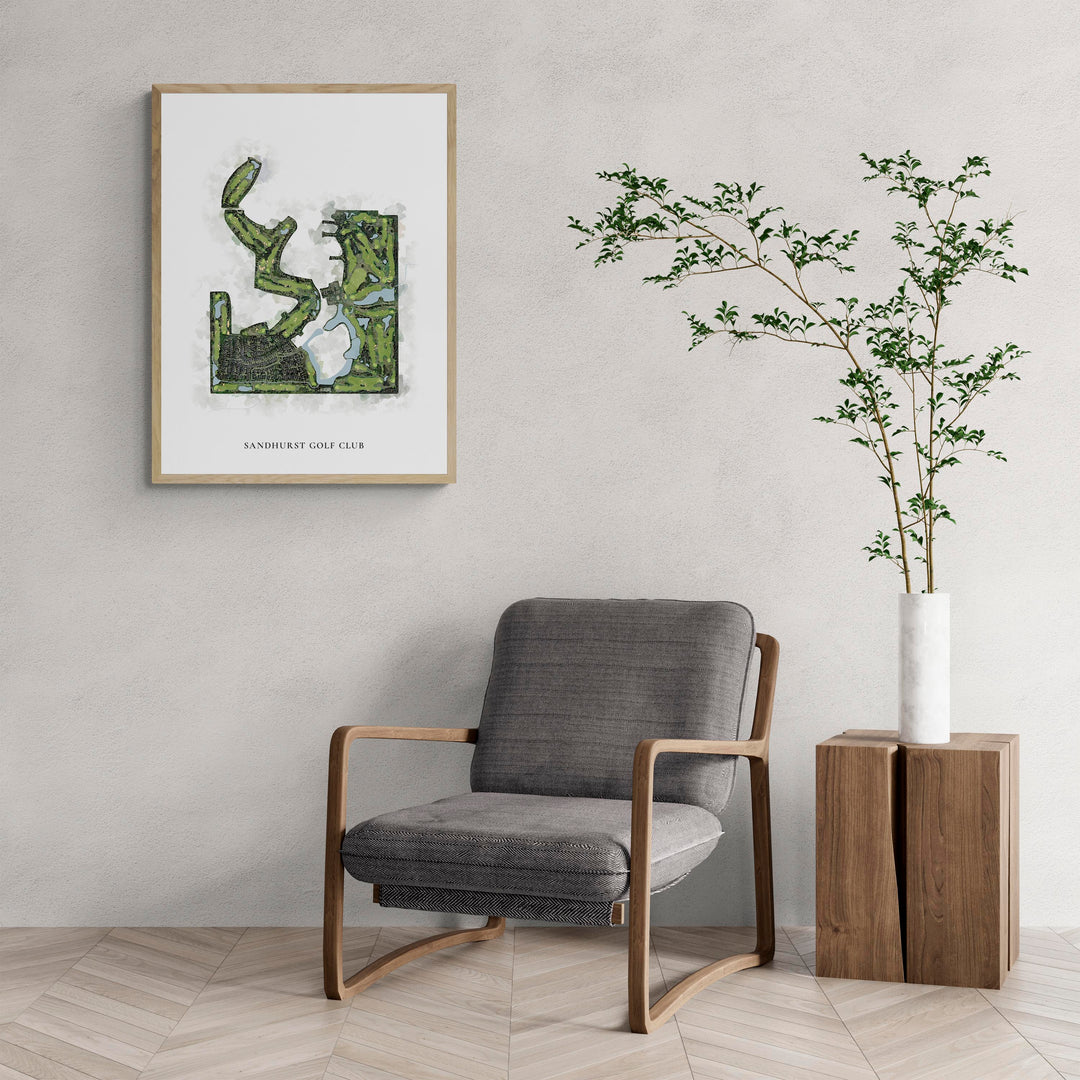 Classic Map of Sandhurst Golf Club with a comfy armchair and large plant
