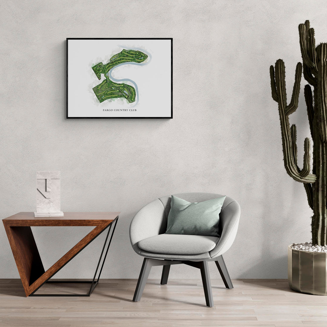 Classic Map of Fargo Country Club in a living room with large cactus plant