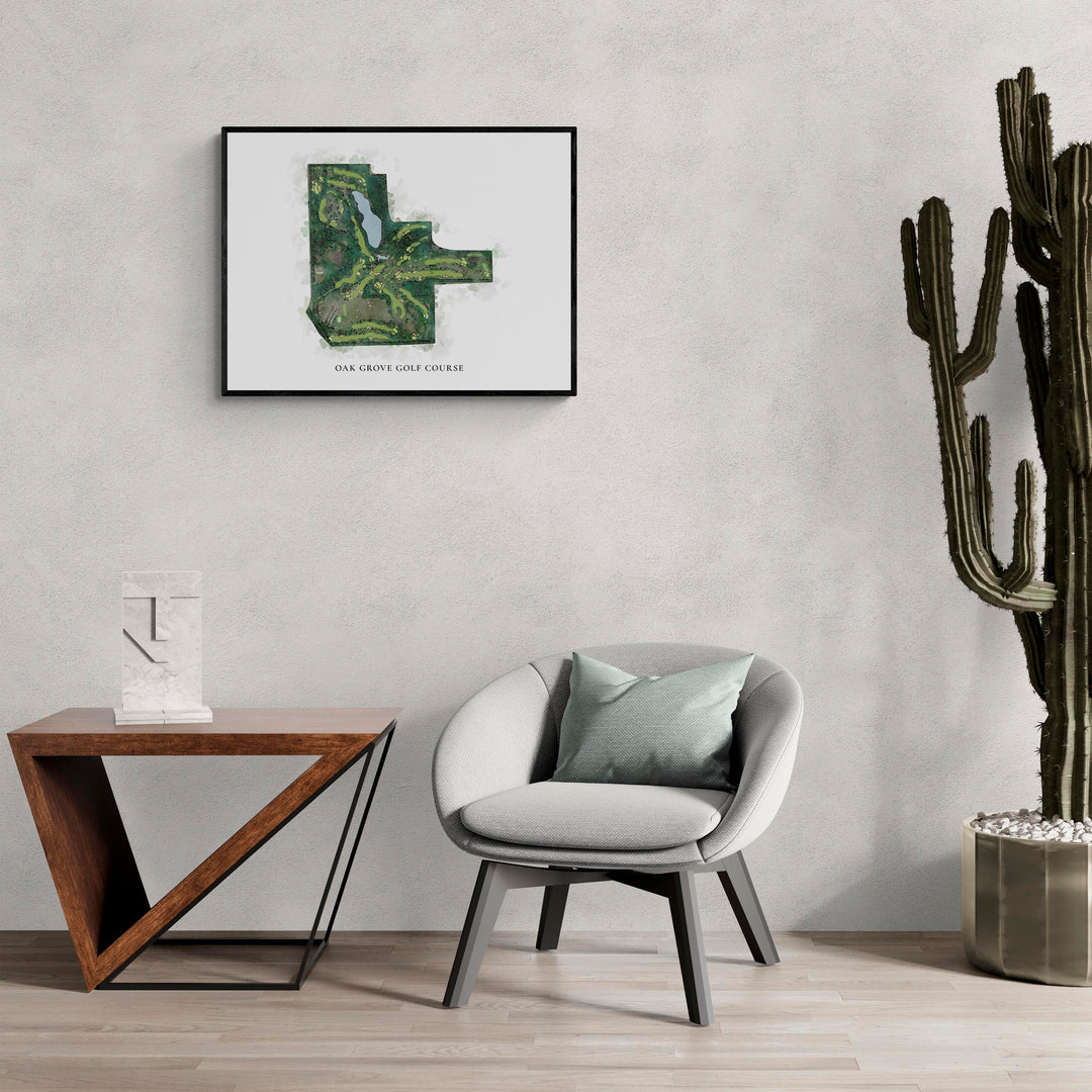 Classic Map of Oak Grove Golf Course in a living room with large cactus plant