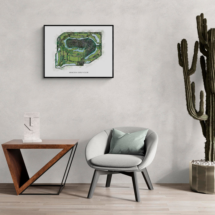 Classic Map of Abacoa Golf Club in a living room with large cactus plant