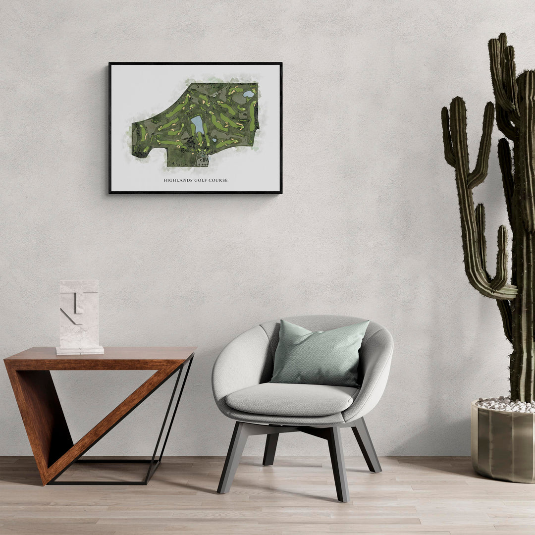 Classic Map of Highlands Golf Course in a living room with large cactus plant