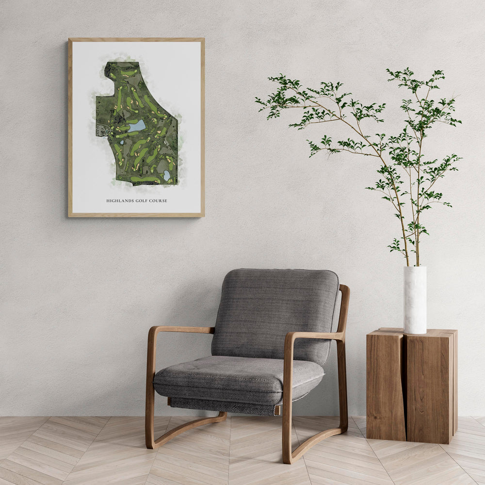 Classic Map of Highlands Golf Course with a comfy armchair and large plant