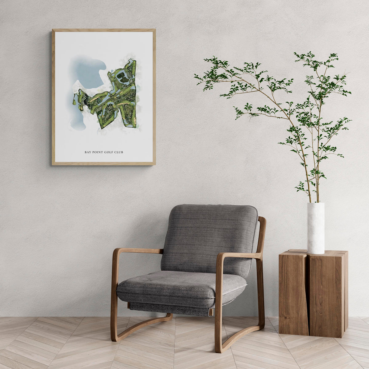 Classic Map of Bay Point Golf Club with a comfy armchair and large plant