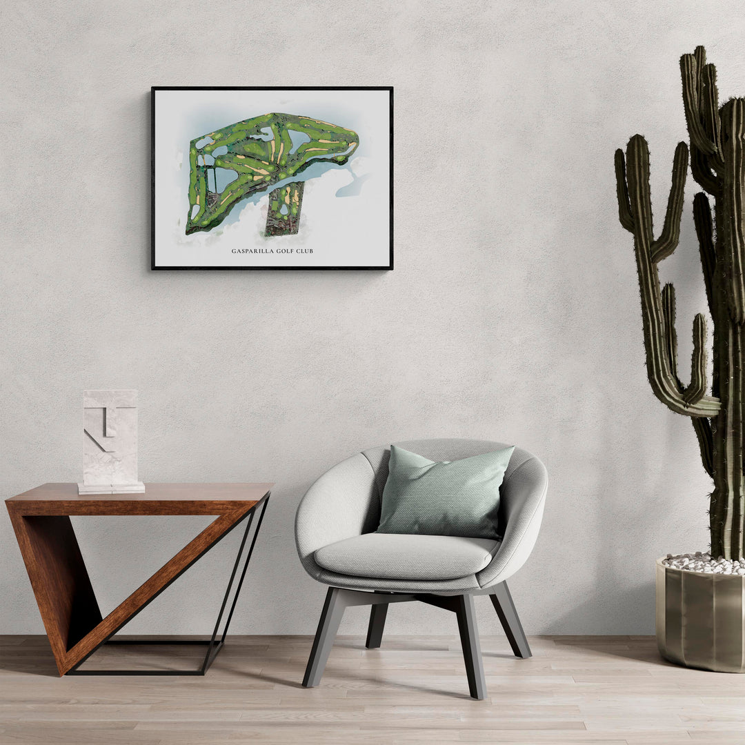 Classic Map of Gasparilla Golf Club in a living room with large cactus plant