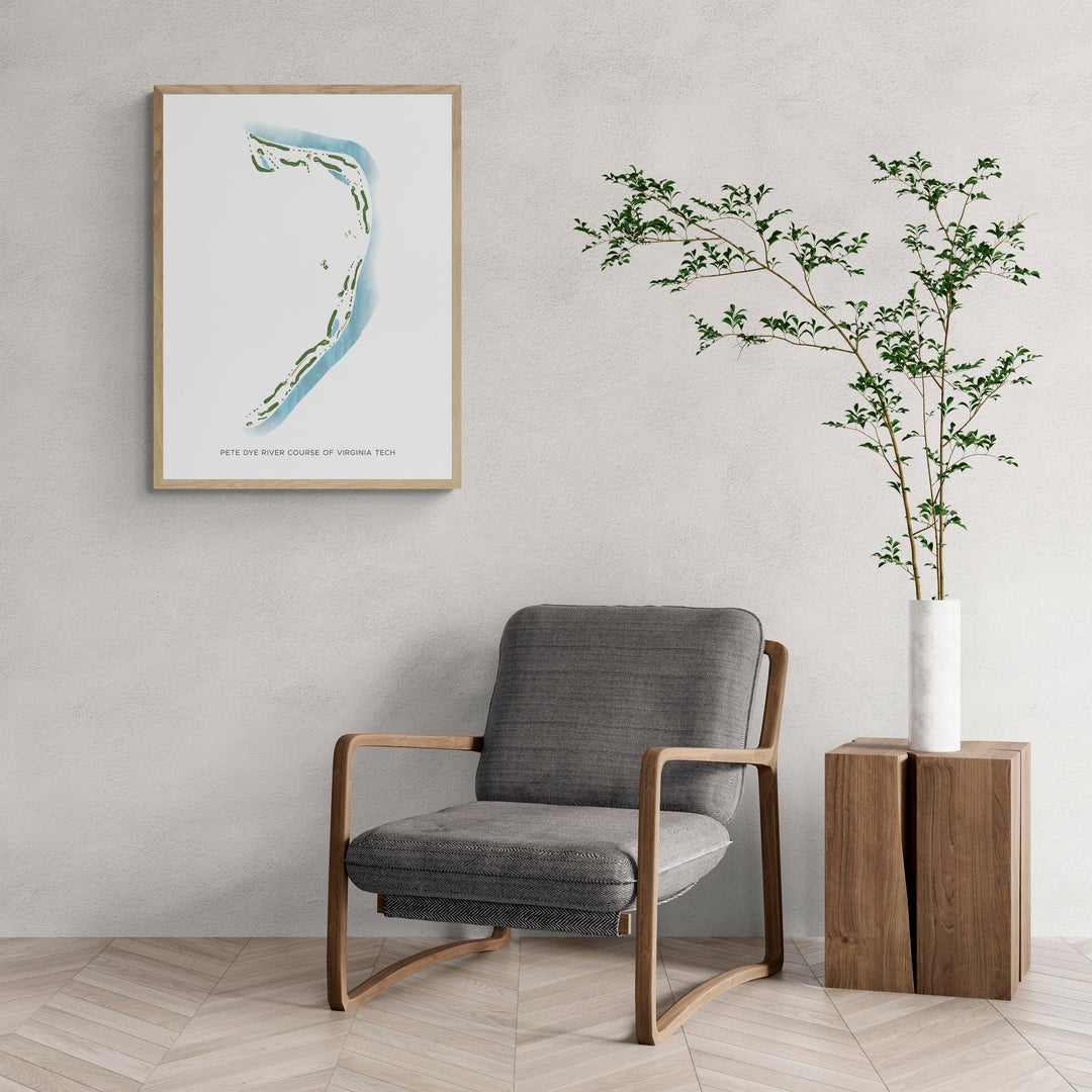 Modern Map of Pete Dye River Course Of Virginia Tech with a comfy armchair and large plant