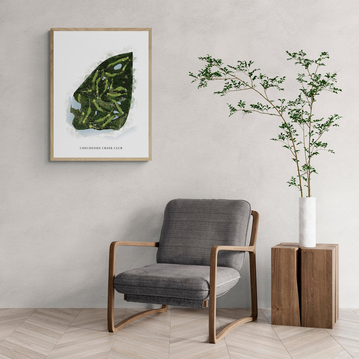 Classic Map of Chechessee Creek Club with a comfy armchair and large plant