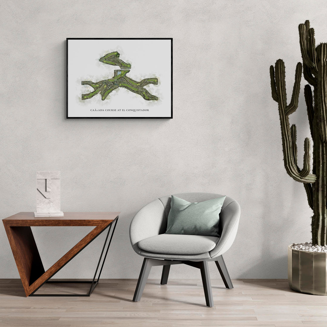 Classic Map of Cañada Course At El Conquistador in a living room with large cactus plant
