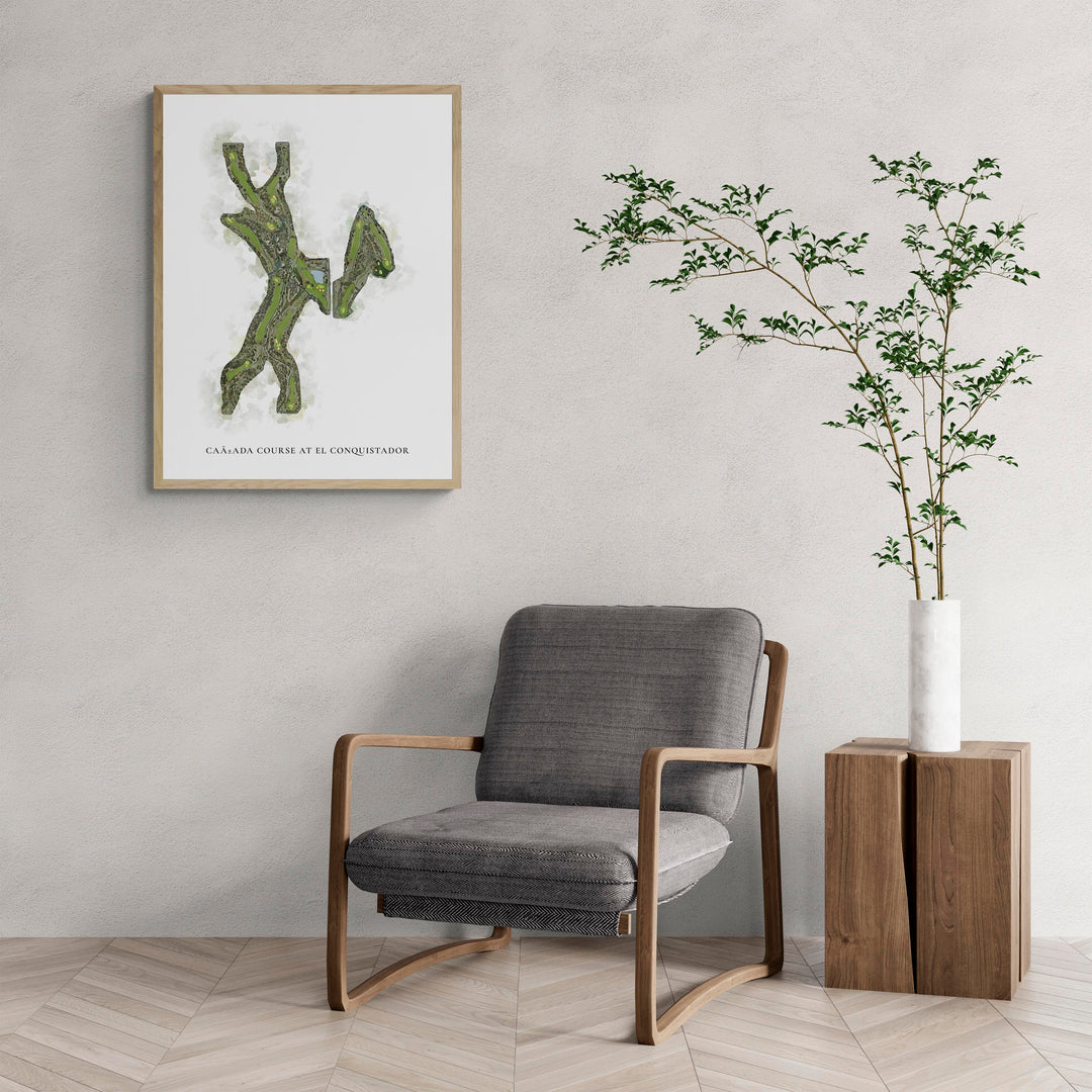 Classic Map of Cañada Course At El Conquistador with a comfy armchair and large plant