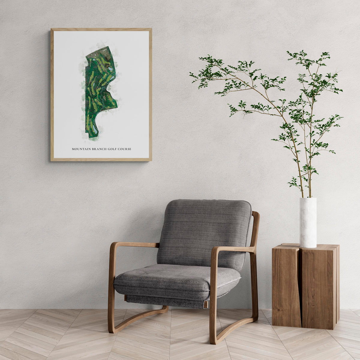 Classic Map of Mountain Branch Golf Course with a comfy armchair and large plant