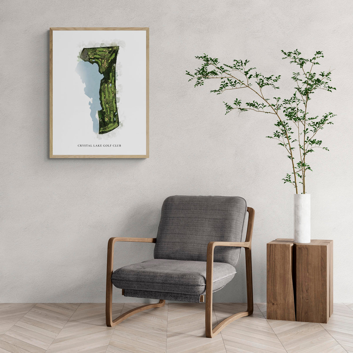 Classic Map of Crystal Lake Golf Club with a comfy armchair and large plant