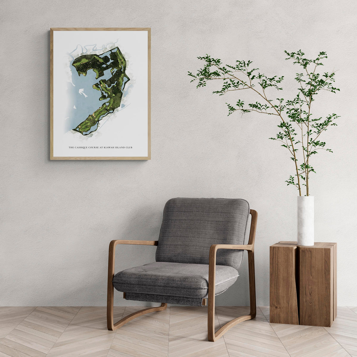 Classic Map of The Cassique Course At Kiawah Island Club with a comfy armchair and large plant