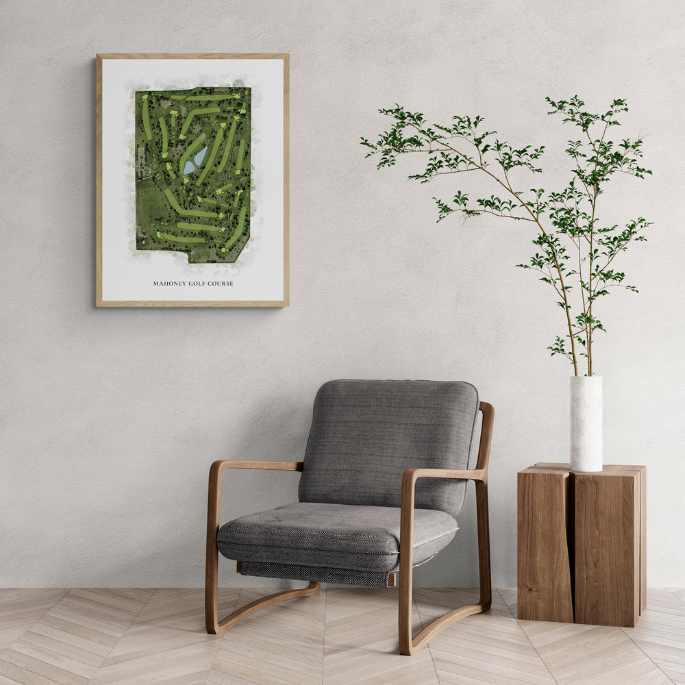 Classic Map of Mahoney Golf Course with a comfy armchair and large plant