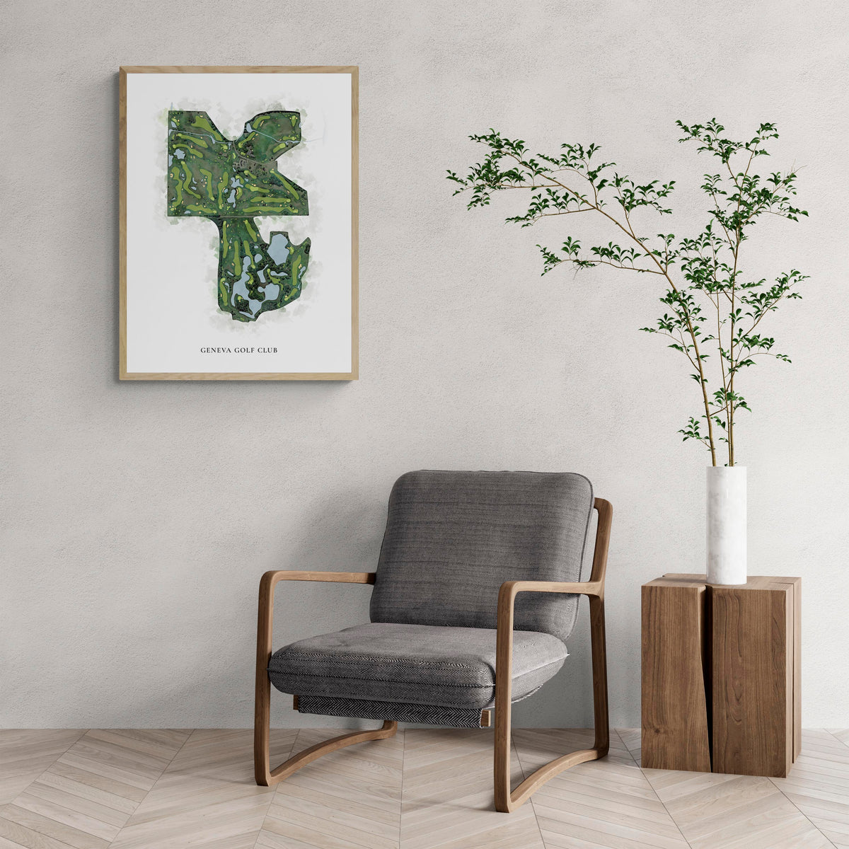 Classic Map of Geneva Golf Club with a comfy armchair and large plant