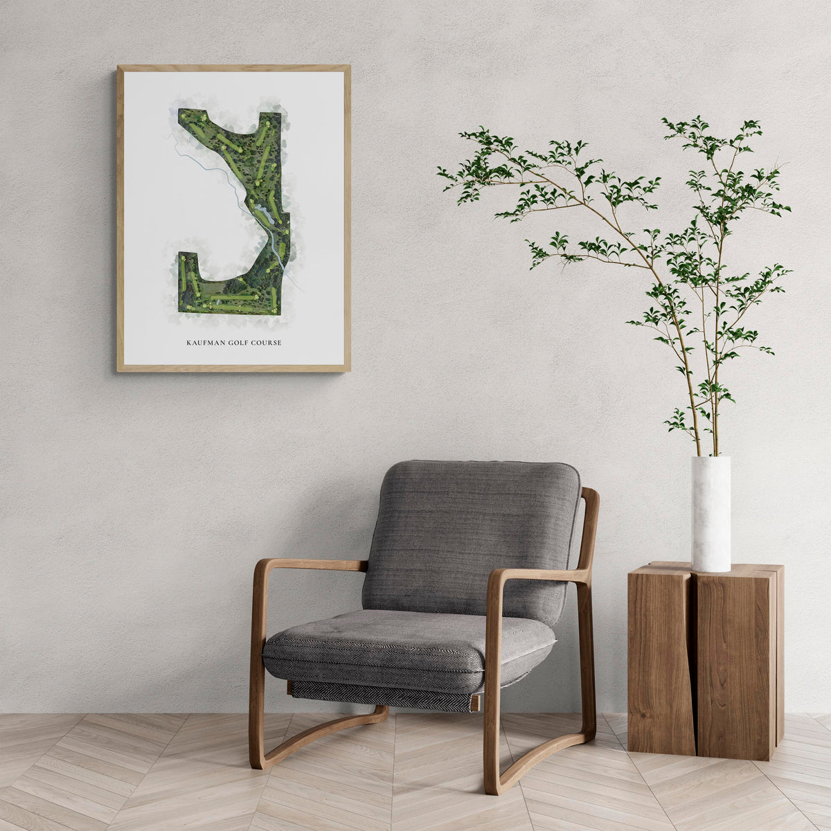 Classic Map of Kaufman Golf Course with a comfy armchair and large plant