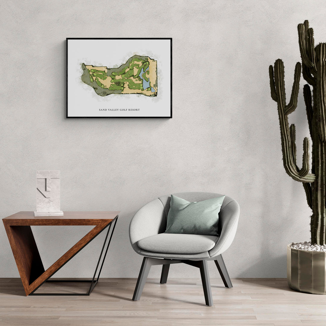Classic Map of Sand Valley Golf Resort in a living room with large cactus plant