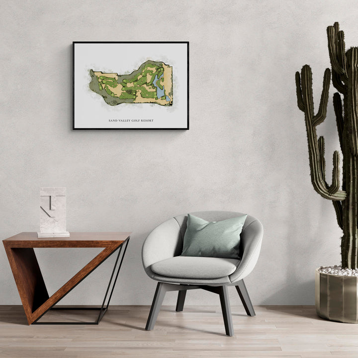 Classic Map of Sand Valley Golf Resort in a living room with large cactus plant