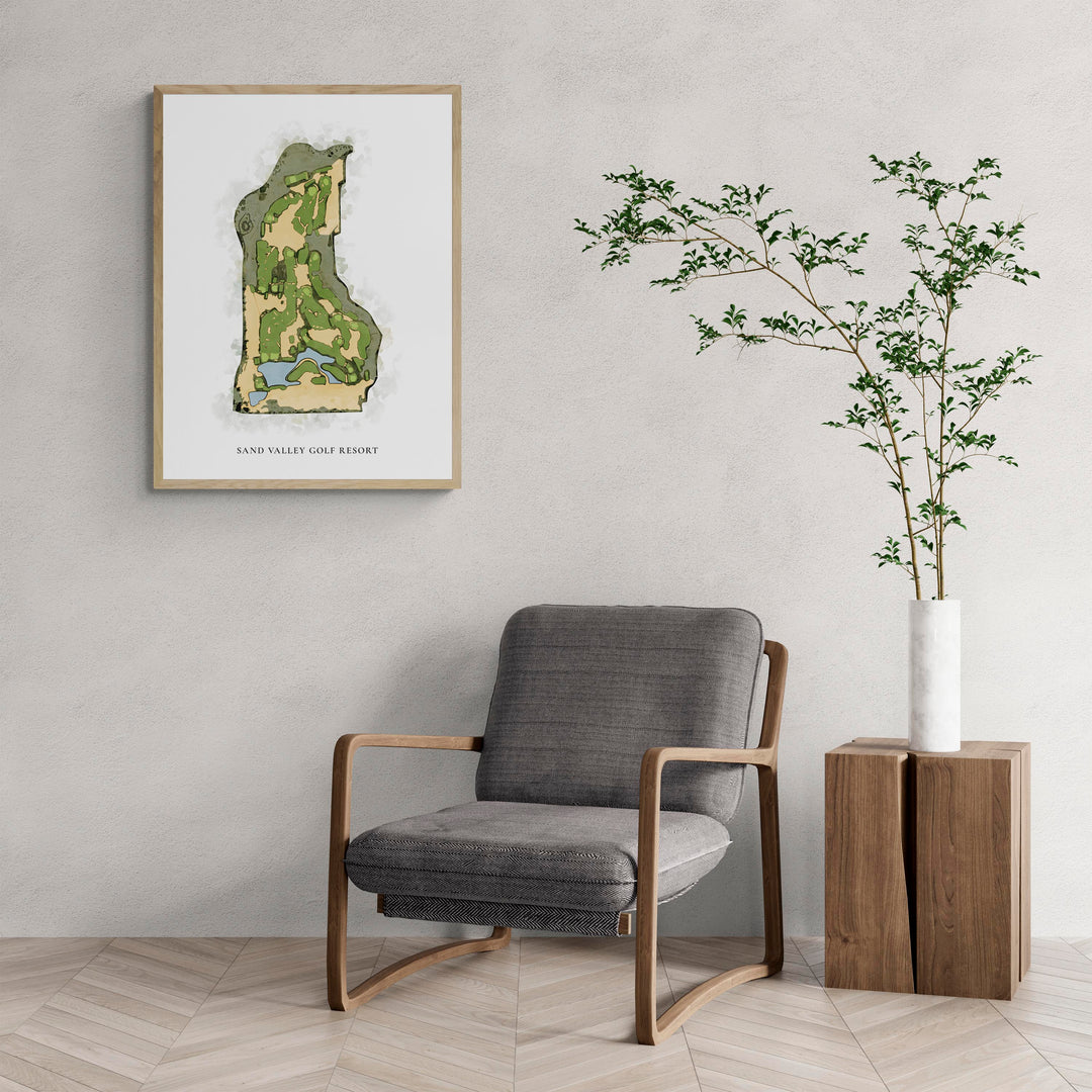 Classic Map of Sand Valley Golf Resort with a comfy armchair and large plant