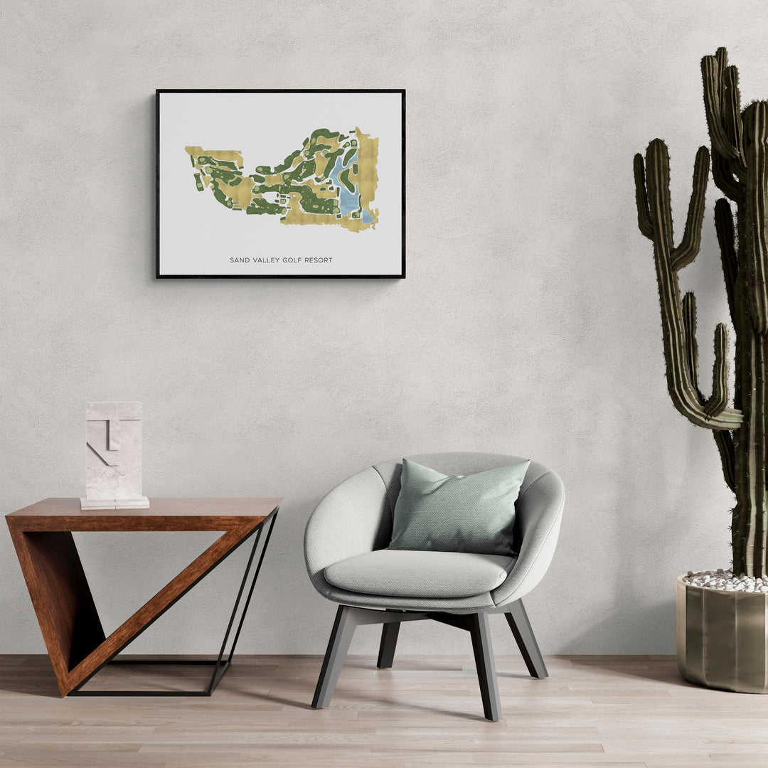 Modern Map of Sand Valley Golf Resort in a living room with large cactus plant