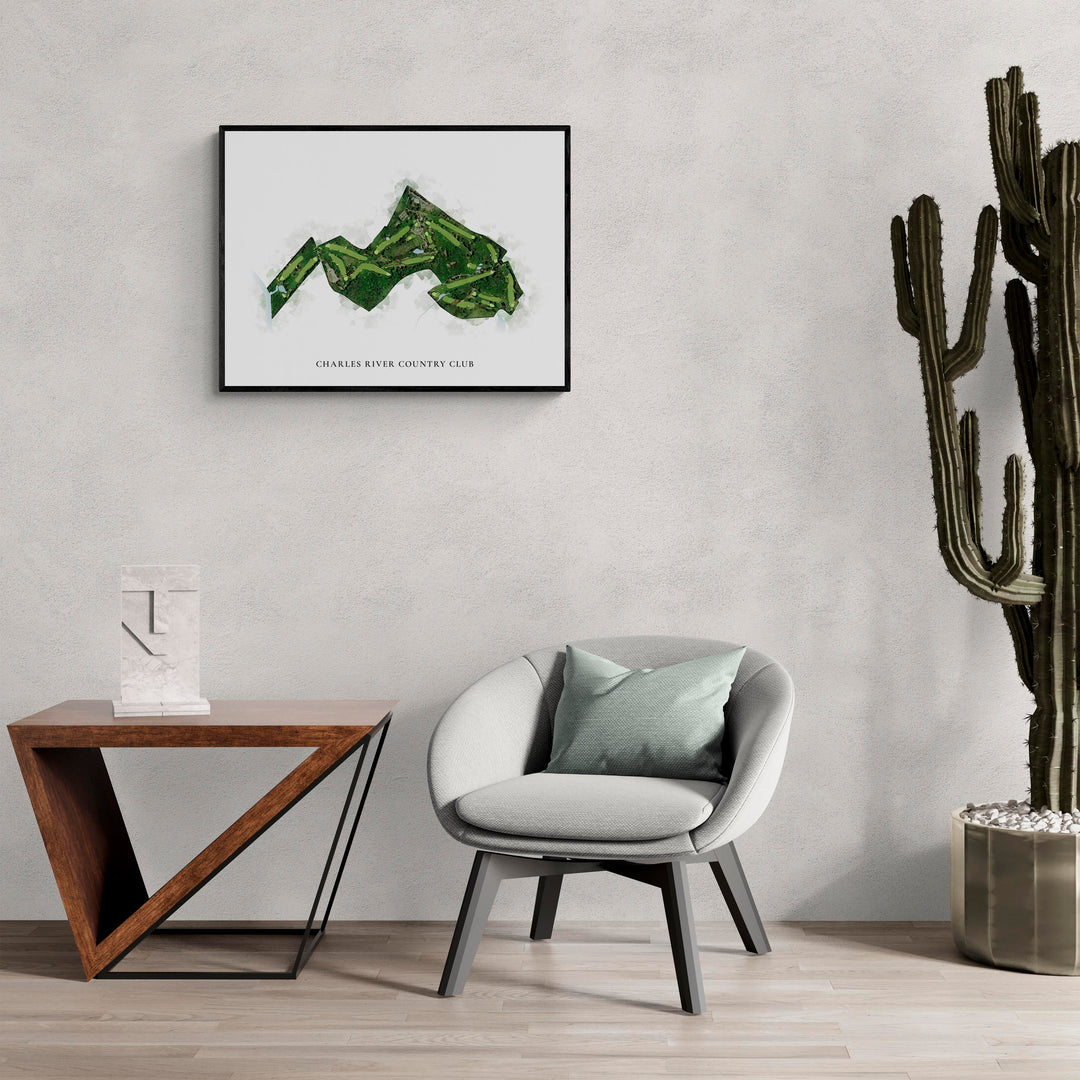 Classic Map of Charles River Country Club in a living room with large cactus plant