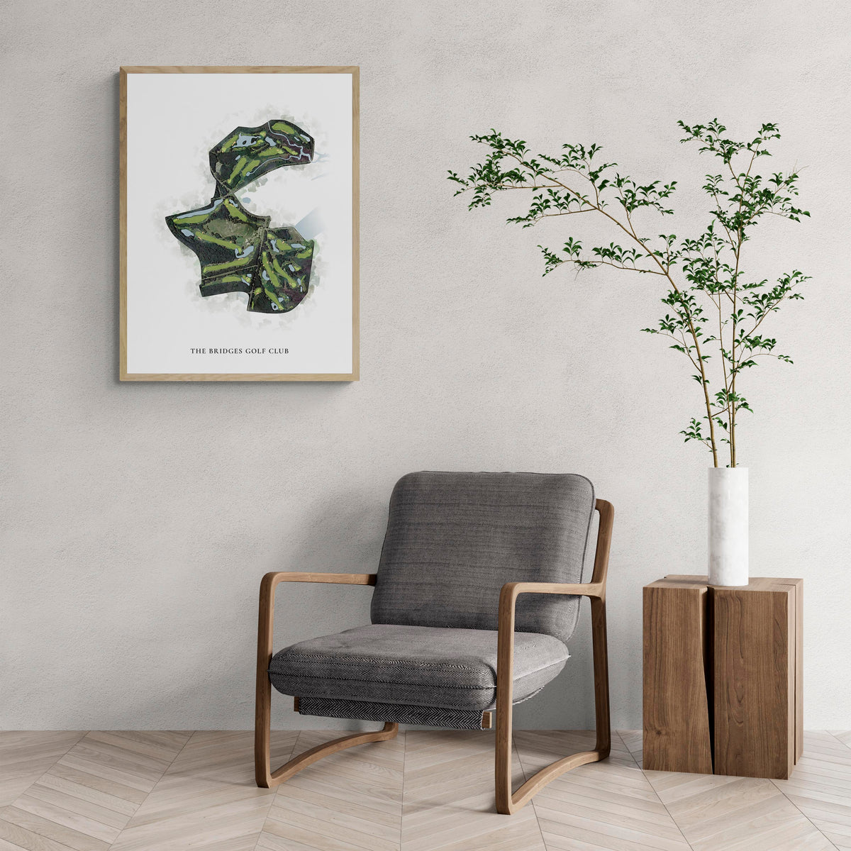 Classic Map of The Bridges Golf Club with a comfy armchair and large plant