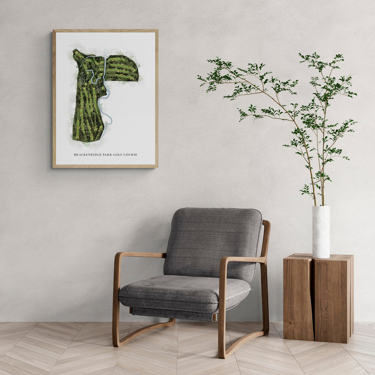 Classic Map of Brackenridge Park Golf Course with a comfy armchair and large plant