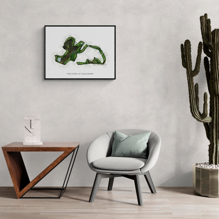 Classic Map of The Links At Challedon in a living room with large cactus plant