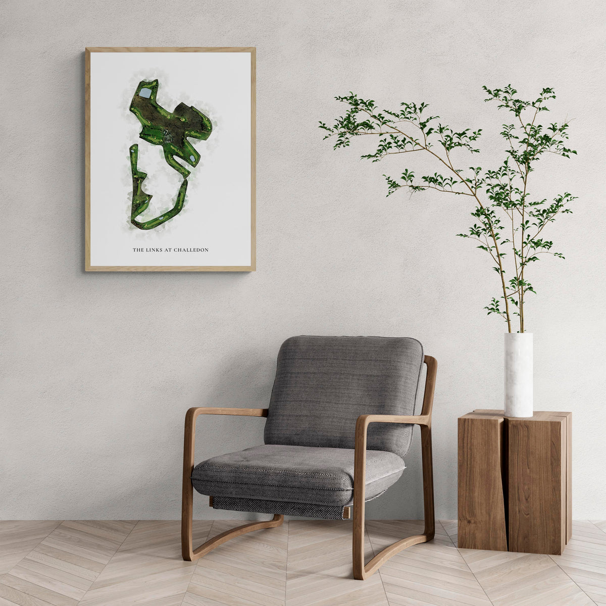 Classic Map of The Links At Challedon with a comfy armchair and large plant