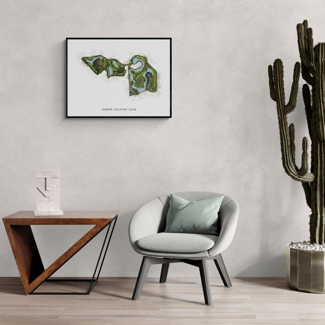 Classic Map of Oxbow Country Club in a living room with large cactus plant
