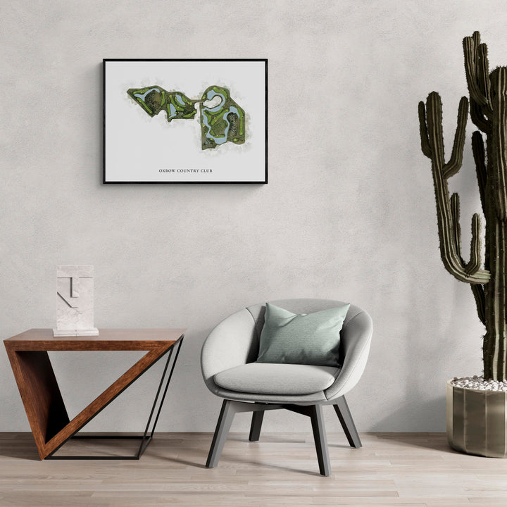 Classic Map of Oxbow Country Club in a living room with large cactus plant