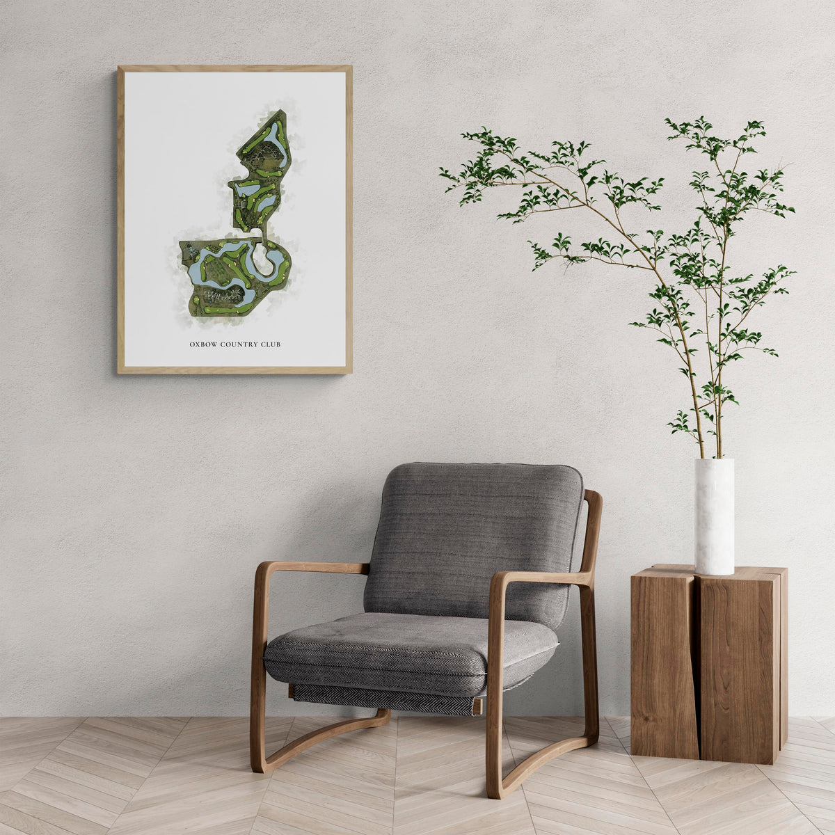 Classic Map of Oxbow Country Club with a comfy armchair and large plant