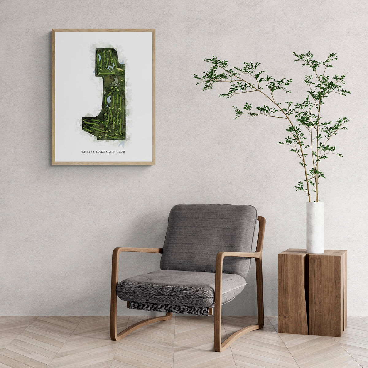 Classic Map of Shelby Oaks Golf Club with a comfy armchair and large plant