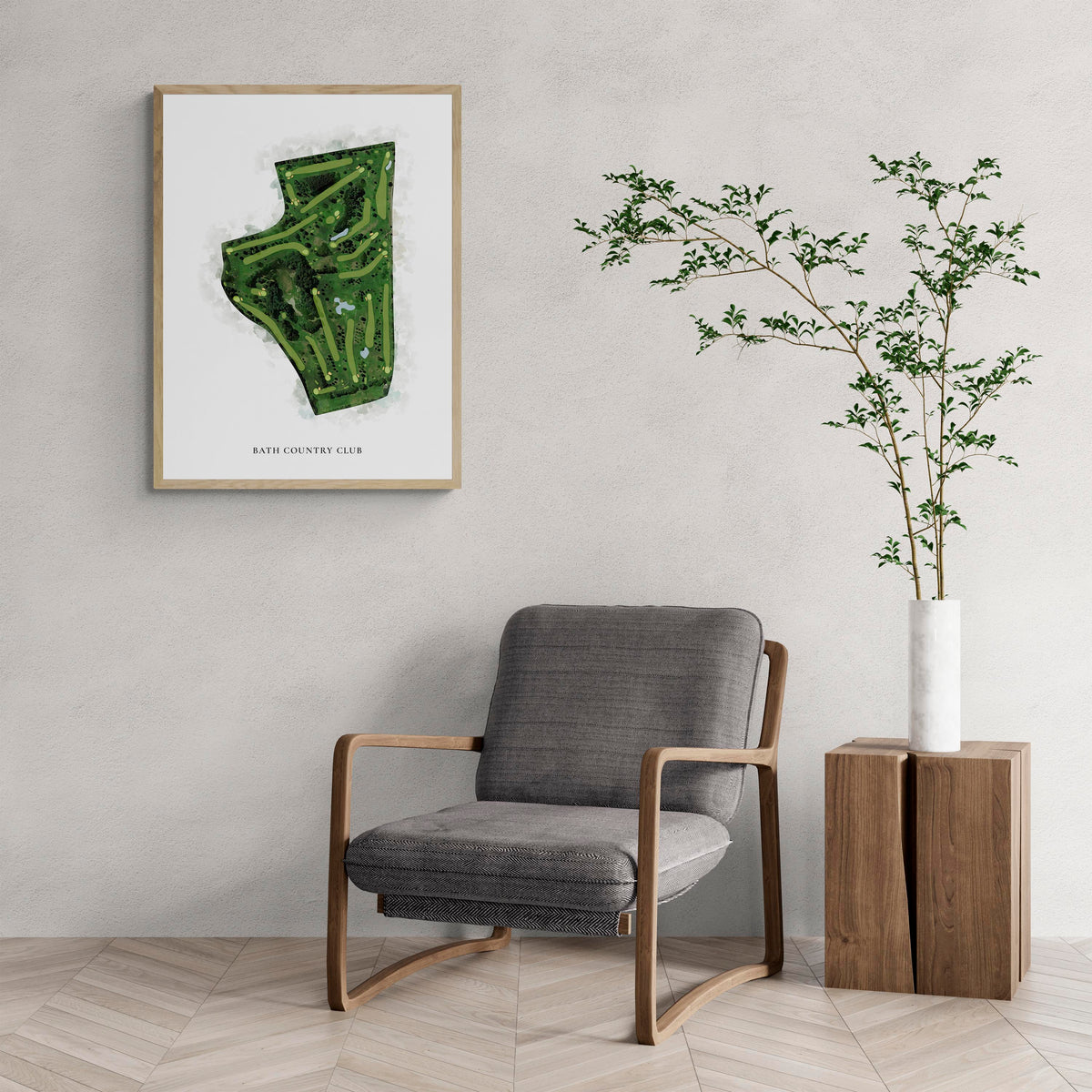 Classic Map of Bath Country Club with a comfy armchair and large plant
