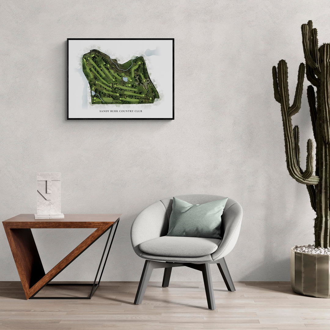 Classic Map of Sandy Burr Country Club in a living room with large cactus plant