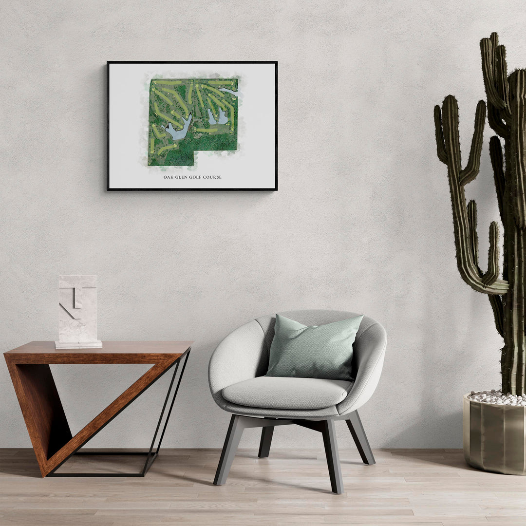 Classic Map of Oak Glen Golf Course in a living room with large cactus plant