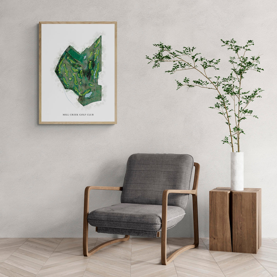 Classic Map of Mill Creek Golf Club with a comfy armchair and large plant