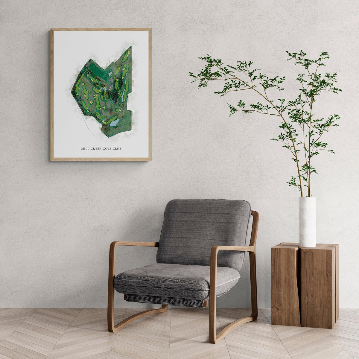 Classic Map of Mill Creek Golf Club with a comfy armchair and large plant