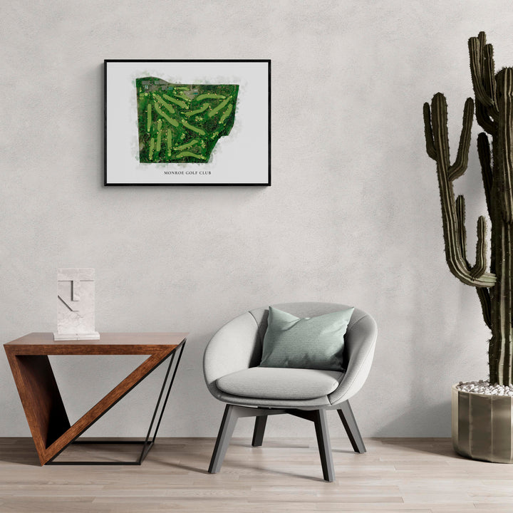 Classic Map of Monroe Golf Club in a living room with large cactus plant
